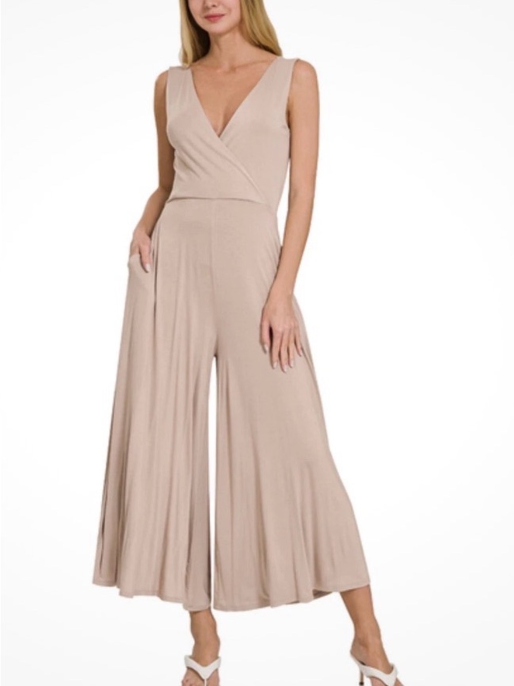Zenana Sleeveless V-Neck Wide Leg Jumpsuit in Beige NWOT